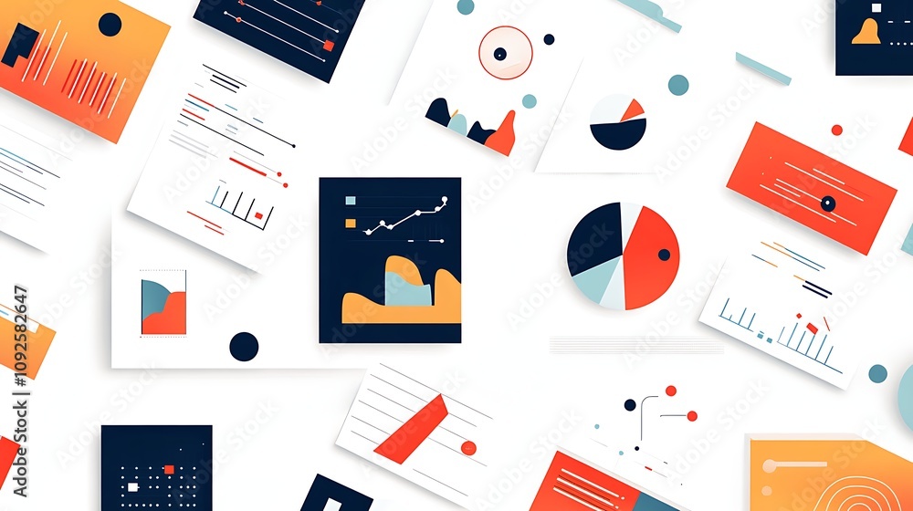 Poster abstract data visualization: scattered charts and graphs on white background