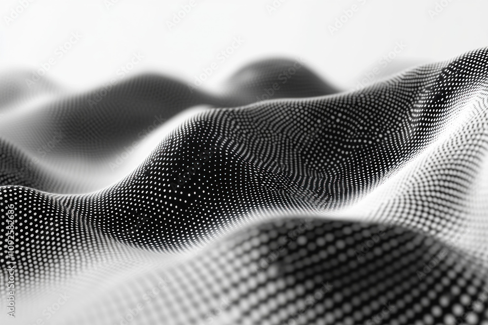 Poster minimalist halftone waves undulate across the digital canvas creating a grayscale dreamscape