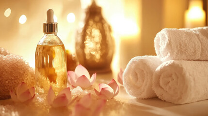 smelling salts in thai style spa with white towels,masage oil and blurred background