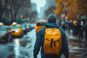 Rainy day urban exploration reveals a lone traveler navigating a city street, his yellow backpack a...