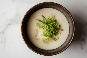 Wonton soup garnished with fresh green onions in a minimalist bowl. 4k image