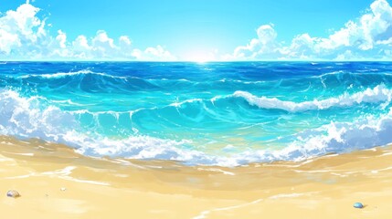 A vibrant beach scene with turquoise waves and a bright sky, evoking relaxation and tranquility.