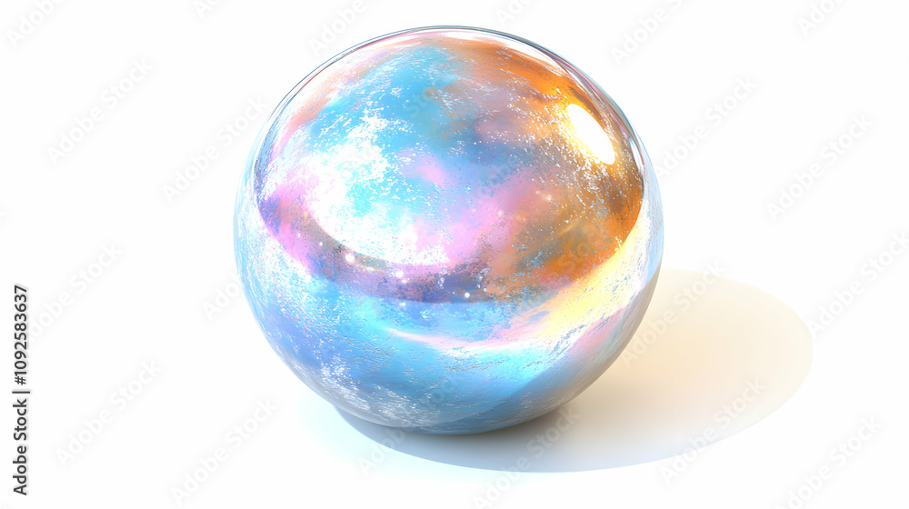 Poster a 3d render of a shiny metallic sphere with a blue and orange iridescent texture against a white bac