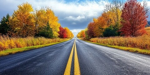 Naklejka premium A scenic country road lined with colorful autumn trees, inviting viewers to take a drive through the season.
