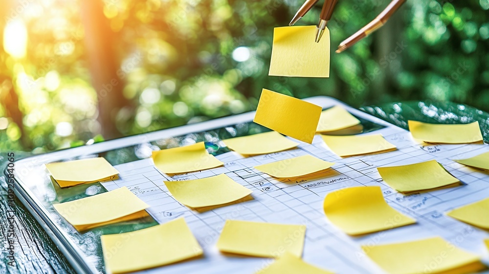 Poster planning and scheduling with sticky notes on tablet.