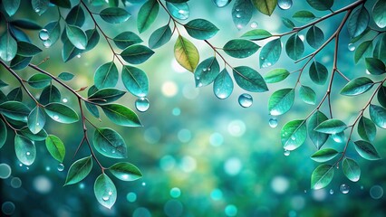 Leafy branches with teal droplets hanging, liquid dynamics, water feature