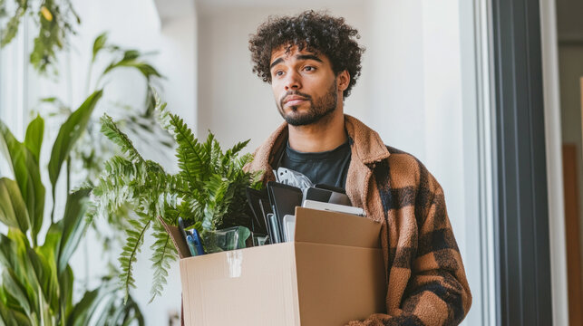 He carries his office belongings, a bittersweet farewell to a chapter closed - the concept of job loss, dismissal, staff reduction