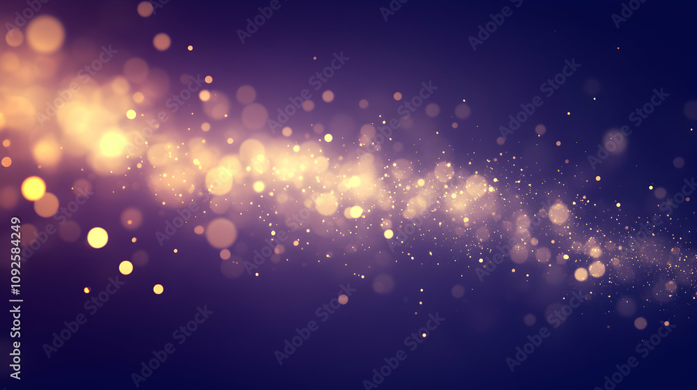 Poster abstract purple background with golden bokeh and glittering particles