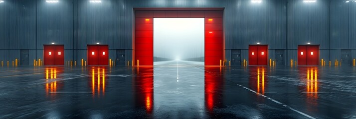 Bright and spacious industrial interior with red and yellow illuminated accents,creating a modern,futuristic,and minimalistic setting for product presentation,exhibition,or showroom display.