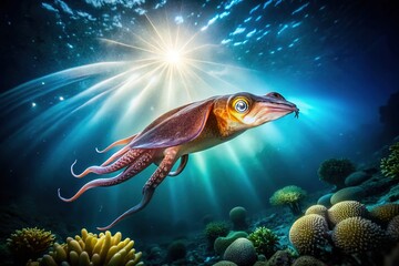 Naklejka premium Underwater vintage, hovering squid, Lembeh Strait night.