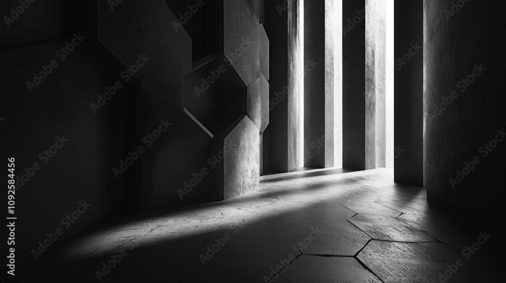 Poster light streams through a geometric hallway of hexagonal concrete pillars creating dramatic shadows on