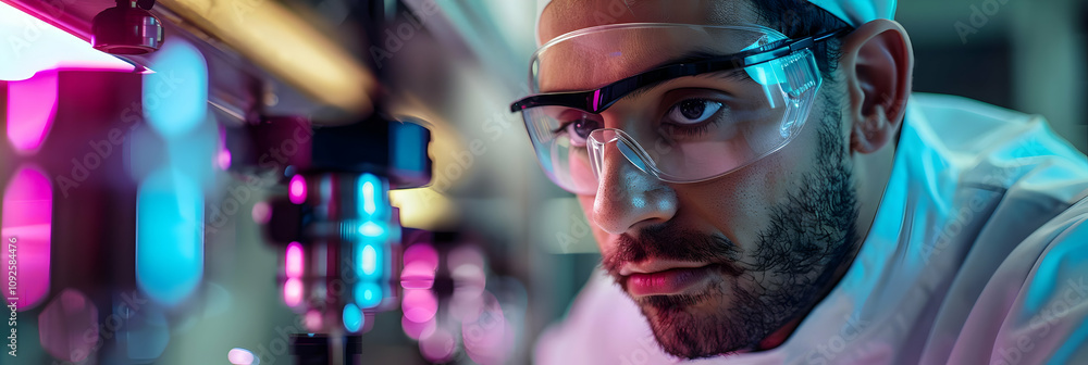 Poster close-up of scientist examining equipment with intense focus in vibrant laboratory setting