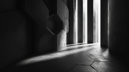 Light streams through a geometric hallway of hexagonal concrete pillars creating dramatic shadows on the floor