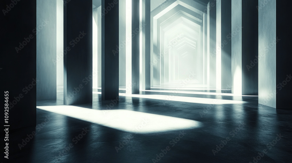 Poster sunlight streams through a geometric monochrome hallway creating an ethereal atmosphere