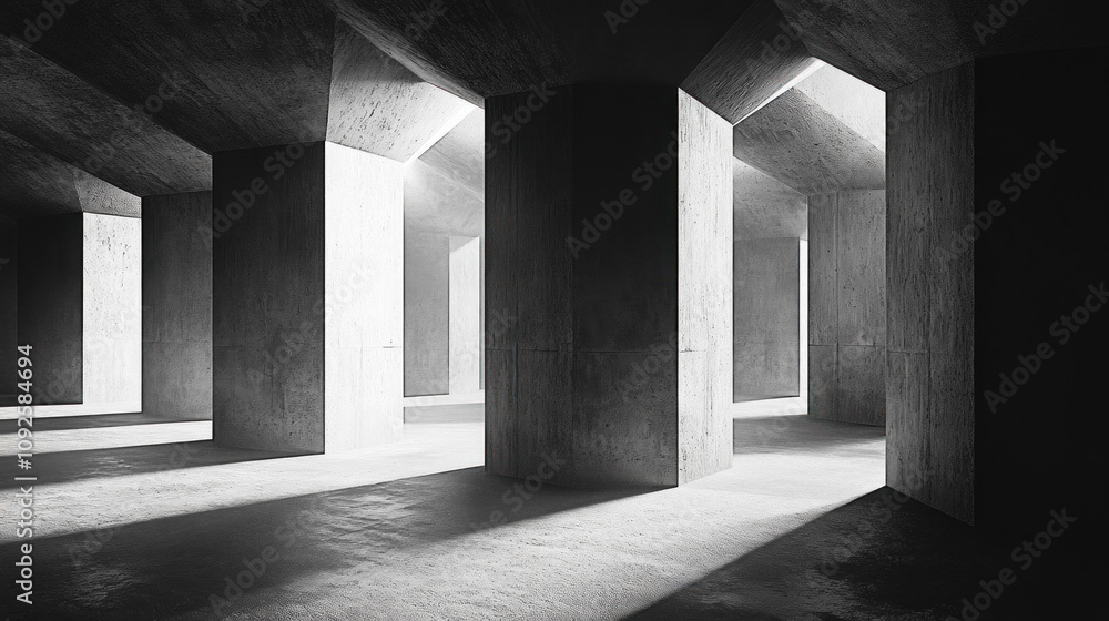 Poster sunlight streams through a minimalist concrete structure midday, illuminating geometric shadows on t