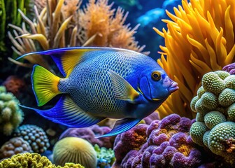Obraz premium Underwater photography captures a blue ring angelfish in its aquatic home.