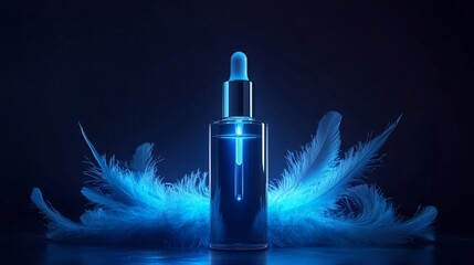 3D Mockup Template Elegant glass dropper bottle of blue serum surrounded by soft white feathers on a dark background showcasing modern beauty and skincare concepts in a striking visual setting.