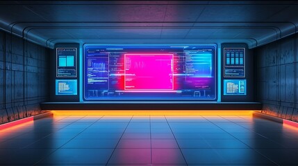Futuristic Control Room Digital Interface Neon Lights Empty Space