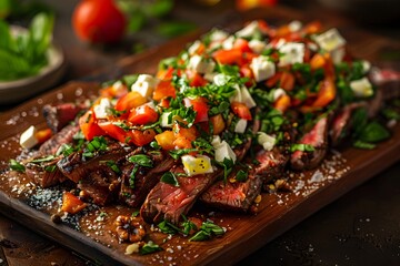 A beautifully plated grilled steak topped with fresh vegetable salsa and herbs.