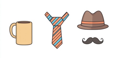 A set of Father&acirc;&euro;&trade;s Day icons, including a tie, coffee mug, mustache, and hat in a simple line art style.