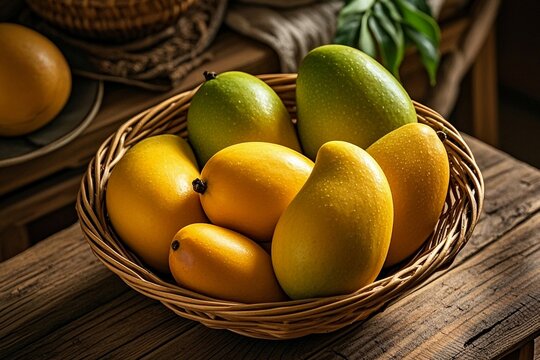 fresh mangoes on wooden table with a mango tree farm 