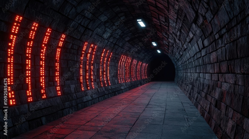 Poster futuristic tunnel with illuminated walls and a dark exit, creating a mysterious vibe.