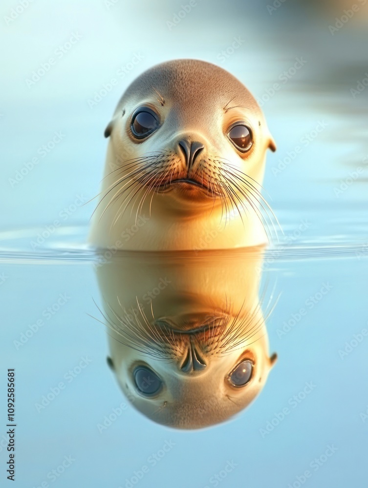 Poster a close-up of a seal's face emerging from calm water, showcasing its expressive features.