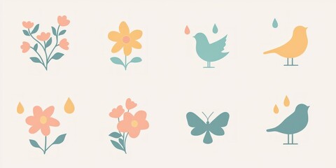 A set of simple, flat spring-themed icons, including flowers, raindrops, birds, and butterflies, in pastel colors.