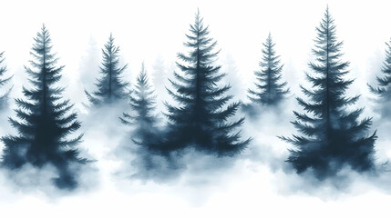 Fototapeta premium Watercolor Illustration of a Misty Forest with Tall Pine Trees Standing Tall in the Fog, a Serene and Tranquil Scene of Nature's Beauty