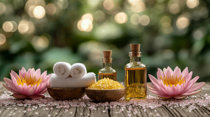 Smelling salts in a Thai-style spa with white towels and massage oil.