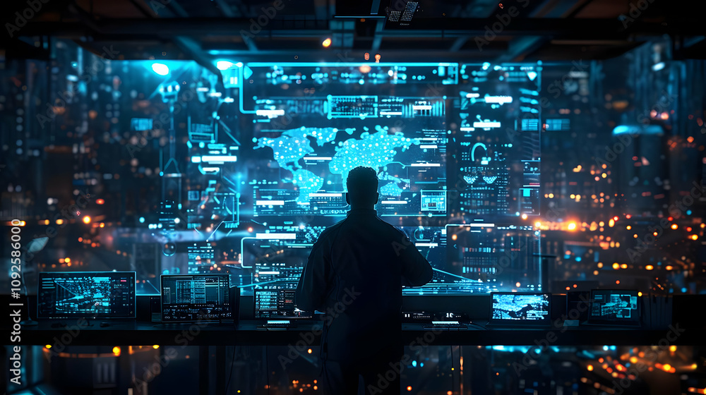 Poster cybersecurity analyst monitors global network data streams on futuristic displays at night