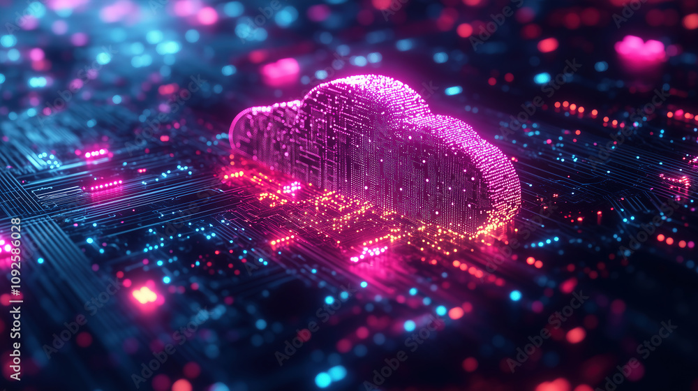 Poster vibrant digital cloud over a circuit board with colorful lights representing data storage and techno