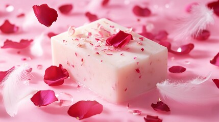 Delicate Rose Petal Soap Bar Surrounded by Soft Feathers and Vibrant Rose Petals on a Pink Background for a Luxurious Spa Experience