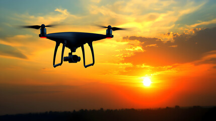 Naklejka premium A Black Drone Soaring Through The Sky Against A Vibrant Sunset Backdrop, Capturing Stunning Aerial Footage