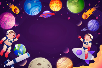 Naklejka premium Cartoon Space Adventure with Astronauts and Planets