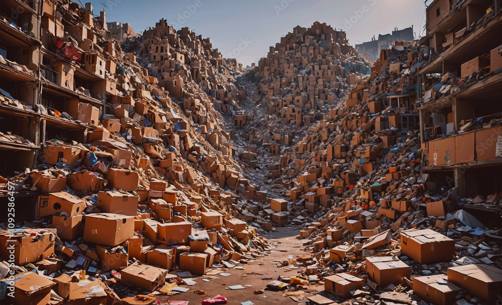 Poster mountain of cardboard boxes. the boxes are piled up in a valley. the boxes are all different sizes