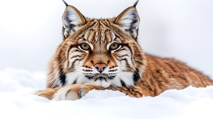 Obraz premium Captivating close-up portrait of a vigilant lynx gazing intensely from the heart of a snow-covered winter wilderness. This powerful feline predator is alert.