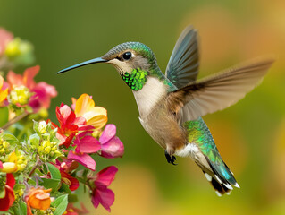 Fototapeta premium Hummingbird in vibrant flight feeding on colourful flowers under soft sunlight.