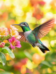 Hummingbird hovering at a flower with golden sunlight and vibrant blooms.