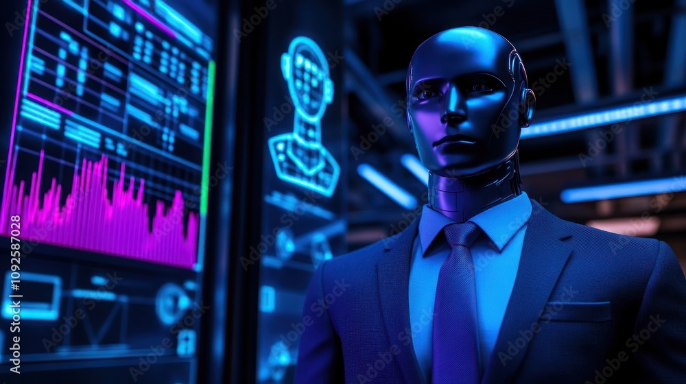 Poster a humanoid robot in a suit stands in a high-tech environment with digital displays.