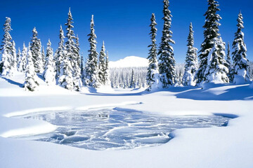 Fototapeta premium Scenic winter landscape with snow-covered trees, a frozen lake, and a clear blue sky, capturing the serene beauty of nature in a snowy wilderness