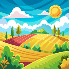 Obraz premium A lively illustration of a bright cartoon summer fields landscape with rolling green hills, colorful flowers, and a sunny sky, perfect for cheerful and whimsical designs.