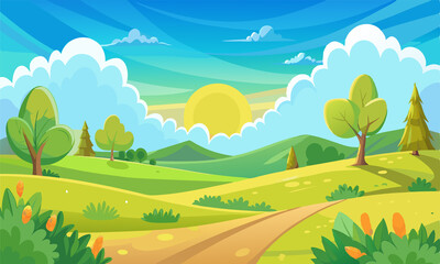 Obraz premium A lively illustration of a bright cartoon summer fields landscape with rolling green hills, colorful flowers, and a sunny sky, perfect for cheerful and whimsical designs.