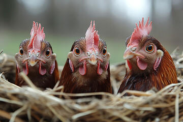 Fototapeta premium Chicken eco-farm. A rural farm for chickens. The chickens are in the nest. Chickens in the yard.