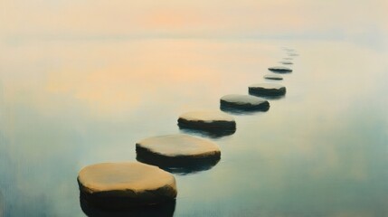 A serene pathway of stones leading across calm waters at dawn.