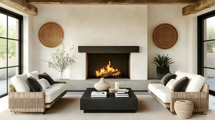 A 3D Rendering of a Cozy Living Room with a Fireplace, Wicker Sofas, and Woven Wall Decor