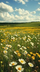 Obraz premium A vibrant field of wildflowers under a bright blue sky with fluffy clouds, showcasing nature's beauty in full bloom.