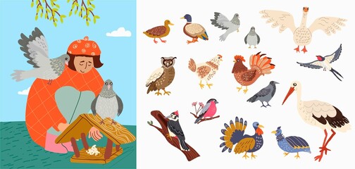 Girl Feeding Birds at a Birdhouse