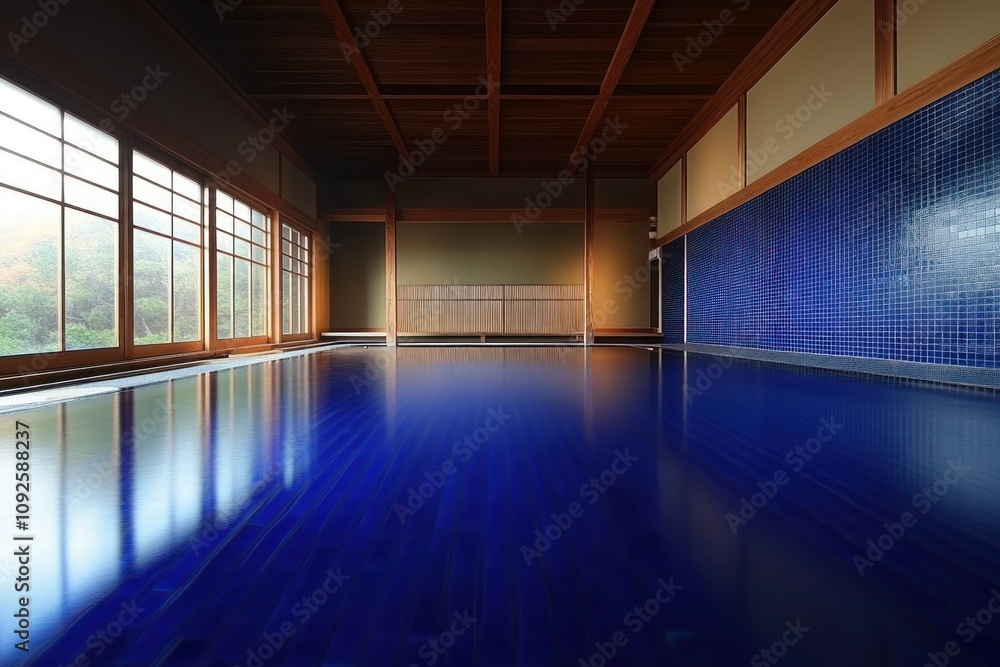 Poster a serene indoor swimming pool with a blue tiled surface and large windows for natural light.