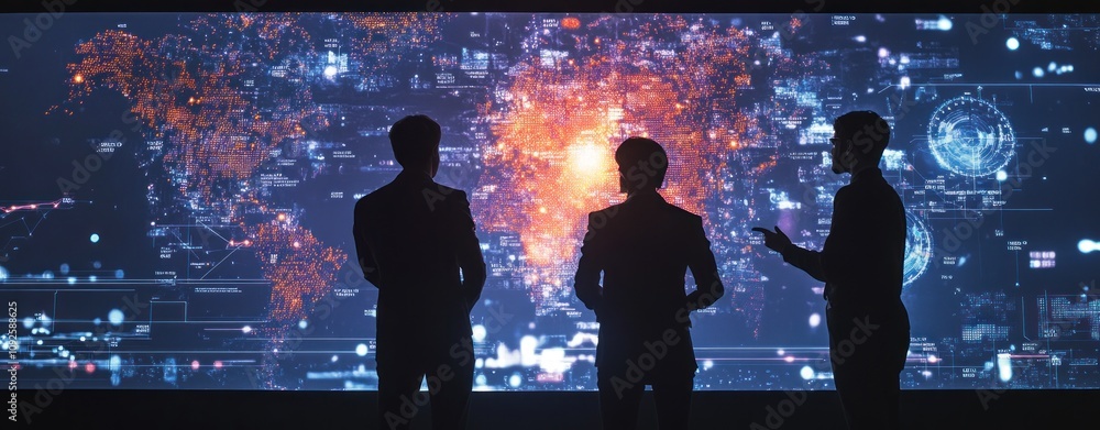 Poster three figures silhouetted against a digital world map, analyzing data and technology.